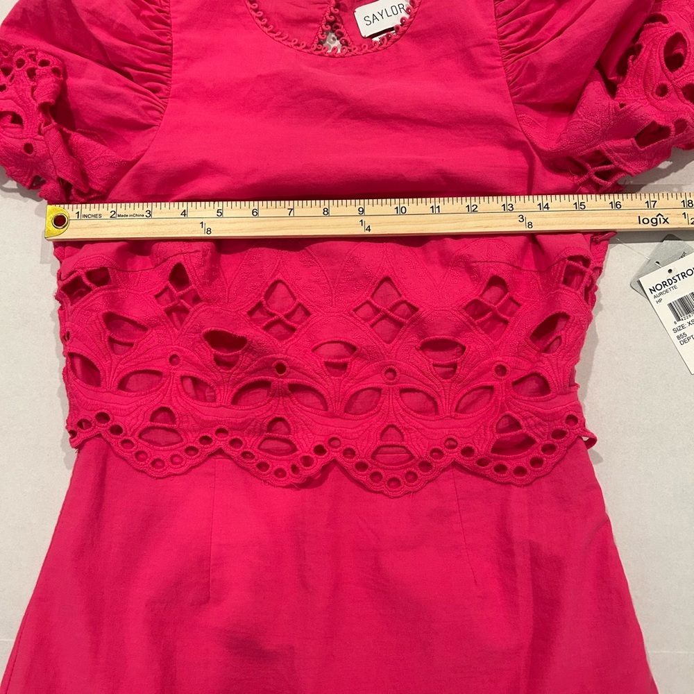 New Saylor Auroette Eyelet Puff‎ Sleeve Cotton Poplin Dress in Hot Pink Size XS - Picture 9 of 14